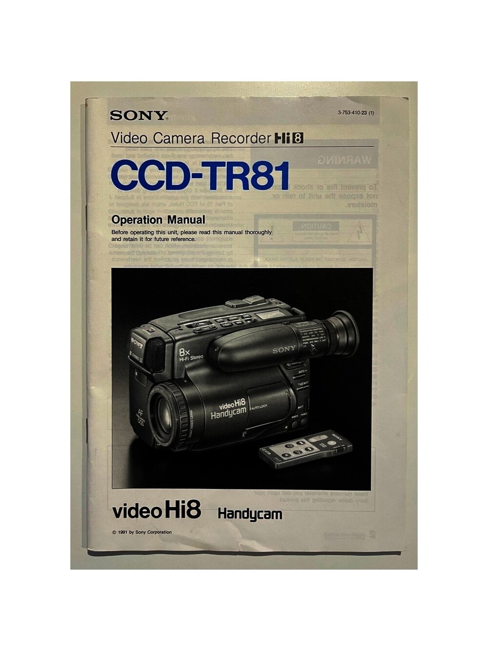 1991 Sony Corporation Sony Video Camera Recorder Hi8 CCD-TR81 Op